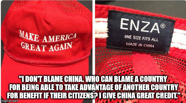 Make America Great | "I DON'T BLAME CHINA. WHO CAN BLAME A COUNTRY FOR BEING ABLE TO TAKE ADVANTAGE OF ANOTHER COUNTRY FOR BENEFIT IF THEIR CITIZENS? I GIVE CHINA GREAT CREDIT." | image tagged in donald trump | made w/ Imgflip meme maker