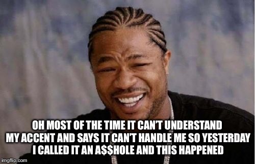 Yo Dawg Heard You Meme | OH MOST OF THE TIME IT CAN’T UNDERSTAND MY ACCENT AND SAYS IT CAN’T HANDLE ME SO YESTERDAY I CALLED IT AN A$$HOLE AND THIS HAPPENED | image tagged in memes,yo dawg heard you | made w/ Imgflip meme maker