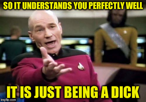 Picard Wtf Meme | SO IT UNDERSTANDS YOU PERFECTLY WELL IT IS JUST BEING A DICK | image tagged in memes,picard wtf | made w/ Imgflip meme maker