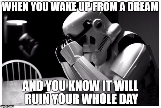 Sad Storm Trooper | WHEN YOU WAKE UP FROM A DREAM; AND YOU KNOW IT WILL RUIN YOUR WHOLE DAY | image tagged in sad storm trooper | made w/ Imgflip meme maker