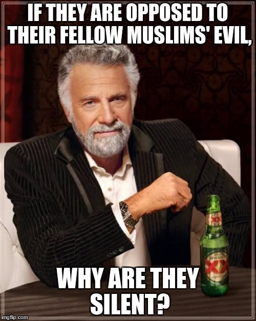 Silence is Support | IF THEY ARE OPPOSED TO THEIR FELLOW MUSLIMS' EVIL, WHY ARE THEY SILENT? | image tagged in memes,the most interesting man in the world,muslims,islam,terrorism,evil | made w/ Imgflip meme maker
