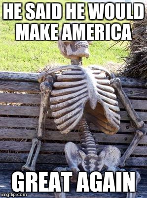 Waiting Skeleton Meme | HE SAID HE WOULD MAKE AMERICA; GREAT AGAIN | image tagged in memes,waiting skeleton | made w/ Imgflip meme maker