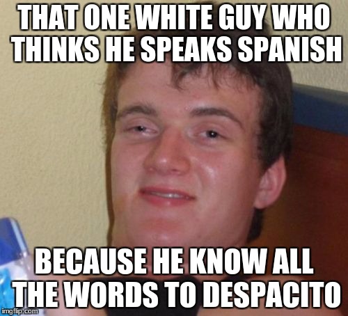 10 Guy | THAT ONE WHITE GUY WHO THINKS HE SPEAKS SPANISH; BECAUSE HE KNOW ALL THE WORDS TO DESPACITO | image tagged in memes,10 guy | made w/ Imgflip meme maker