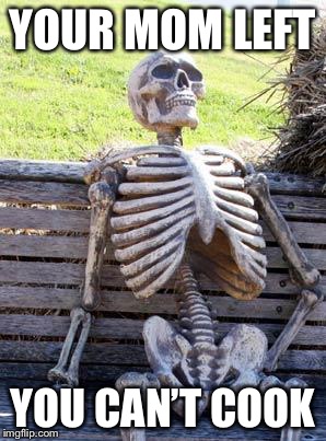 Waiting Skeleton Meme | YOUR MOM LEFT; YOU CAN’T COOK | image tagged in memes,waiting skeleton | made w/ Imgflip meme maker