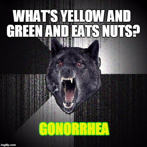 Insanity Wolf Meme | WHAT'S YELLOW AND GREEN AND EATS NUTS? GONORRHEA | image tagged in memes,insanity wolf | made w/ Imgflip meme maker