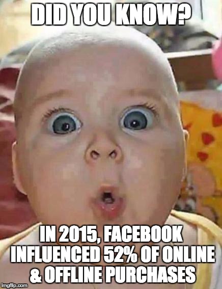 Super-surprised baby | DID YOU KNOW? IN 2015, FACEBOOK INFLUENCED 52% OF ONLINE & OFFLINE PURCHASES | image tagged in super-surprised baby | made w/ Imgflip meme maker
