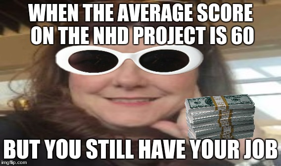 WHEN THE AVERAGE SCORE ON THE NHD PROJECT IS 60; BUT YOU STILL HAVE YOUR JOB | image tagged in teacher,yeet | made w/ Imgflip meme maker
