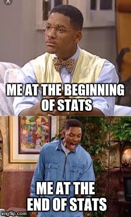 Me in statistics  | ME AT THE BEGINNING OF STATS; ME AT THE END OF STATS | image tagged in stats,will smith | made w/ Imgflip meme maker