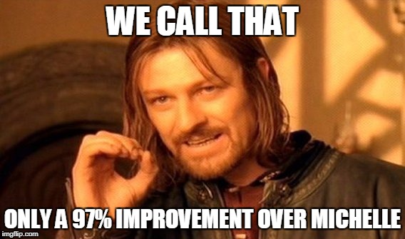 One Does Not Simply Meme | WE CALL THAT ONLY A 97% IMPROVEMENT OVER MICHELLE | image tagged in memes,one does not simply | made w/ Imgflip meme maker