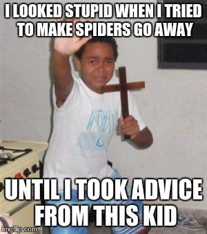 Scared Kid | I LOOKED STUPID WHEN I TRIED TO MAKE SPIDERS GO AWAY; UNTIL I TOOK ADVICE FROM THIS KID | image tagged in scared kid | made w/ Imgflip meme maker