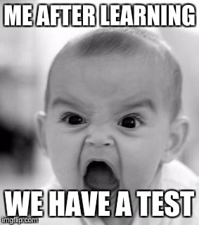 Angry Baby Meme | ME AFTER LEARNING; WE HAVE A TEST | image tagged in memes,angry baby | made w/ Imgflip meme maker