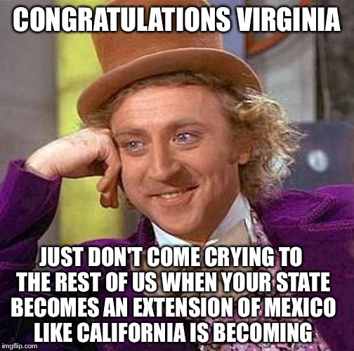 Creepy Condescending Wonka Meme | CONGRATULATIONS VIRGINIA; JUST DON'T COME CRYING TO THE REST OF US WHEN YOUR STATE BECOMES AN EXTENSION OF MEXICO LIKE CALIFORNIA IS BECOMING | image tagged in memes,creepy condescending wonka,virginia,illegal immigration,libtards,democratic party | made w/ Imgflip meme maker