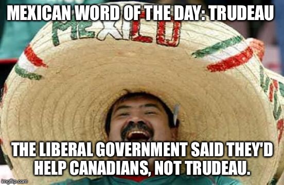 Happy Mexican | MEXICAN WORD OF THE DAY:
TRUDEAU; THE LIBERAL GOVERNMENT SAID THEY'D HELP CANADIANS, NOT TRUDEAU. | image tagged in happy mexican | made w/ Imgflip meme maker