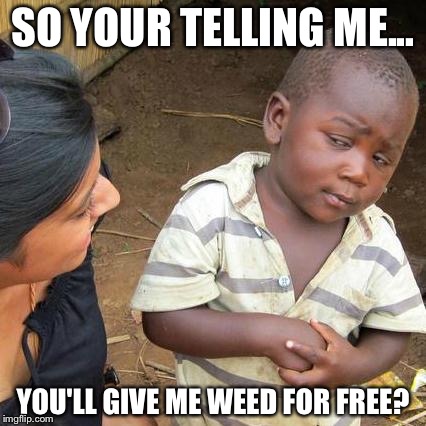 Third World Skeptical Kid | SO YOUR TELLING ME... YOU'LL GIVE ME WEED FOR FREE? | image tagged in memes,third world skeptical kid | made w/ Imgflip meme maker
