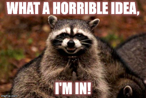 Evil Plotting Raccoon | WHAT A HORRIBLE IDEA, I'M IN! | image tagged in memes,evil plotting raccoon | made w/ Imgflip meme maker