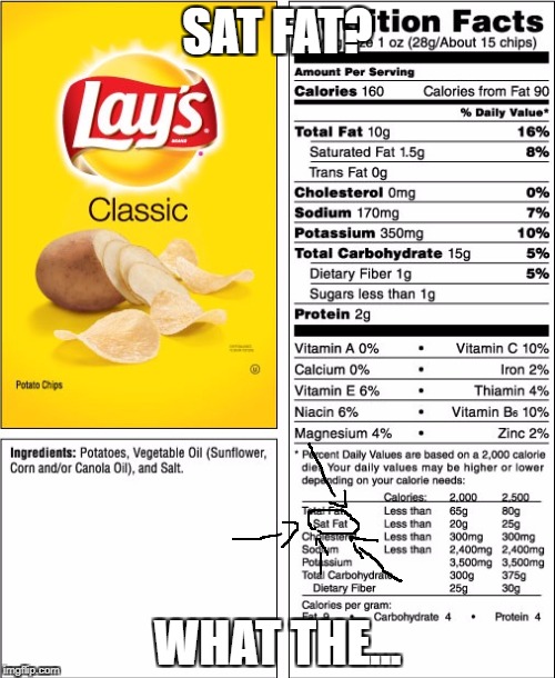 Ingredients in potato chips  | SAT FAT? WHAT THE... | image tagged in ingredients in potato chips | made w/ Imgflip meme maker