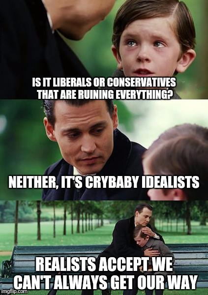 Blame the idealist, not the ideal | IS IT LIBERALS OR CONSERVATIVES THAT ARE RUINING EVERYTHING? NEITHER, IT'S CRYBABY IDEALISTS; REALISTS ACCEPT WE CAN'T ALWAYS GET OUR WAY | image tagged in memes,finding neverland,liberals,conservatives | made w/ Imgflip meme maker