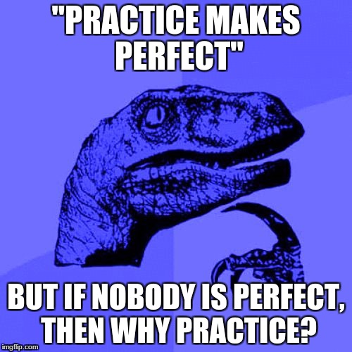 Philosoraptor Blue Craziness | "PRACTICE MAKES PERFECT"; BUT IF NOBODY IS PERFECT, THEN WHY PRACTICE? | image tagged in philosoraptor blue craziness | made w/ Imgflip meme maker