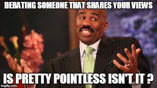 Steve Harvey Meme | DEBATING SOMEONE THAT SHARES YOUR VIEWS IS PRETTY POINTLESS ISN'T IT ? | image tagged in memes,steve harvey | made w/ Imgflip meme maker
