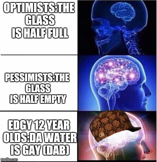 5 MINECRAFT YOUTUBERS WHO HAVE SWORN | OPTIMISTS:THE GLASS IS HALF FULL; PESSIMISTS:THE GLASS IS HALF EMPTY; EDGY 12 YEAR OLDS:DA WATER IS GAY (DAB) | image tagged in expanding brain,scumbag | made w/ Imgflip meme maker