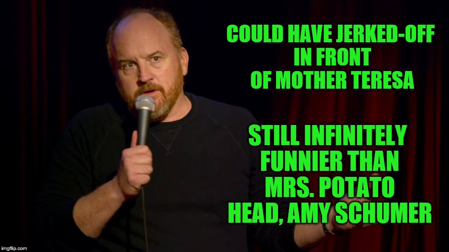  COULD HAVE JERKED-OFF IN FRONT OF MOTHER TERESA; STILL INFINITELY FUNNIER THAN MRS. POTATO HEAD, AMY SCHUMER | image tagged in louis ck but maybe,amy schumer,mr potato head,potato,funny,jerking off | made w/ Imgflip meme maker