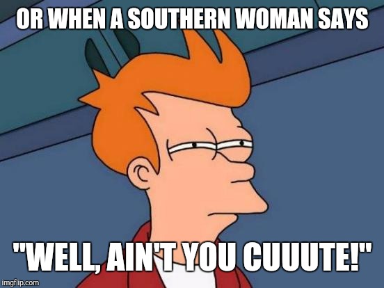 Futurama Fry Meme | OR WHEN A SOUTHERN WOMAN SAYS "WELL, AIN'T YOU CUUUTE!" | image tagged in memes,futurama fry | made w/ Imgflip meme maker