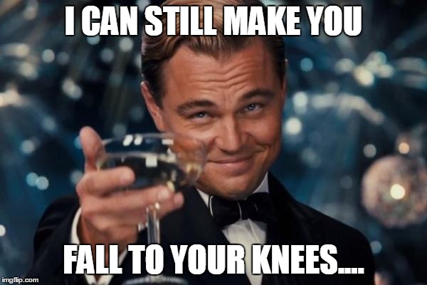 Leonardo Dicaprio Cheers Meme | I CAN STILL MAKE YOU; FALL TO YOUR KNEES.... | image tagged in memes,leonardo dicaprio cheers | made w/ Imgflip meme maker