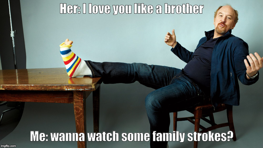 family strokes | Her: I love you like a brother; Me: wanna watch some family strokes? | image tagged in perv,louisck | made w/ Imgflip meme maker