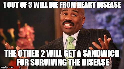 Steve Harvey Meme | 1 OUT OF 3 WILL DIE FROM HEART DISEASE THE OTHER 2 WILL GET A SANDWICH FOR SURVIVING THE DISEASE | image tagged in memes,steve harvey | made w/ Imgflip meme maker