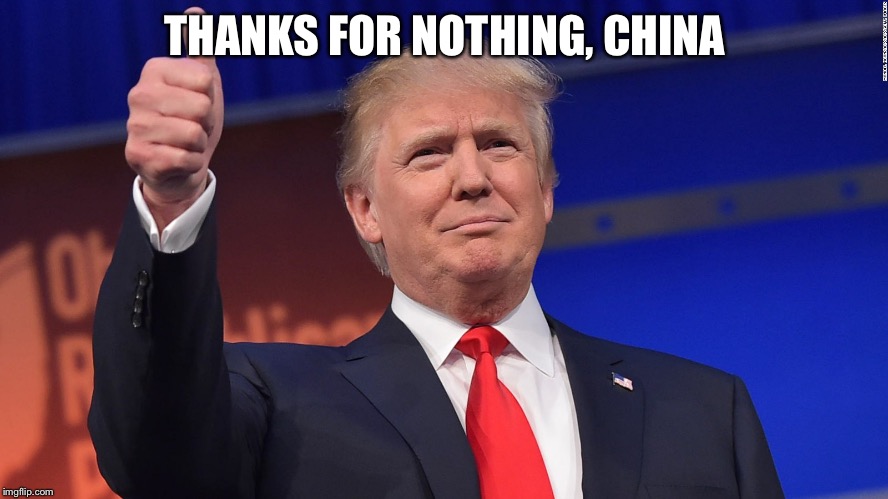 Trump Thumbs Up | THANKS FOR NOTHING, CHINA | image tagged in trump thumbs up | made w/ Imgflip meme maker