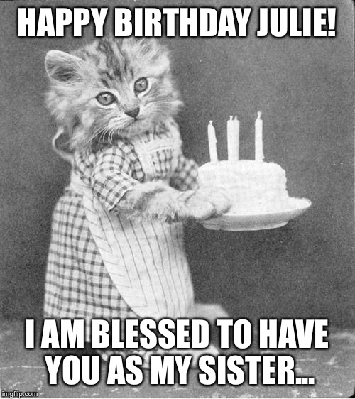 Cake Cat | HAPPY BIRTHDAY JULIE! I AM BLESSED TO HAVE YOU AS MY SISTER... | image tagged in cake cat | made w/ Imgflip meme maker