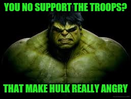 Military week | YOU NO SUPPORT THE TROOPS? THAT MAKE HULK REALLY ANGRY | image tagged in hulk | made w/ Imgflip meme maker