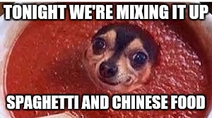 Sauce it up pupper | TONIGHT WE'RE MIXING IT UP; SPAGHETTI AND CHINESE FOOD | image tagged in sauce it up pupper | made w/ Imgflip meme maker
