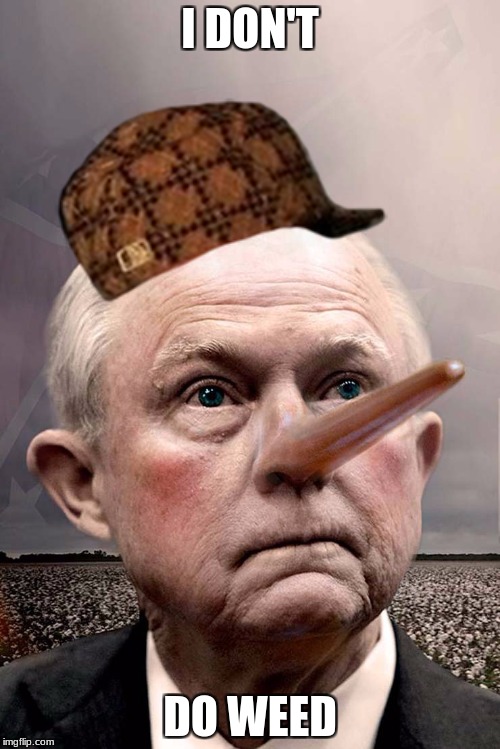 Jeff Sessions Pinocchio | I DON'T; DO WEED | image tagged in jeff sessions pinocchio,scumbag | made w/ Imgflip meme maker