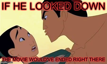Cue the credits | IF HE LOOKED DOWN; THE MOVIE WOULD'VE ENDED RIGHT THERE | image tagged in mulan | made w/ Imgflip meme maker