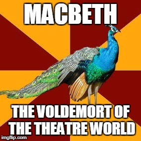"Are you auditioning for Macb--"
"*DO NOT* SAY IT!!!!!!" | MACBETH; THE VOLDEMORT OF THE THEATRE WORLD | image tagged in thespian peacock | made w/ Imgflip meme maker