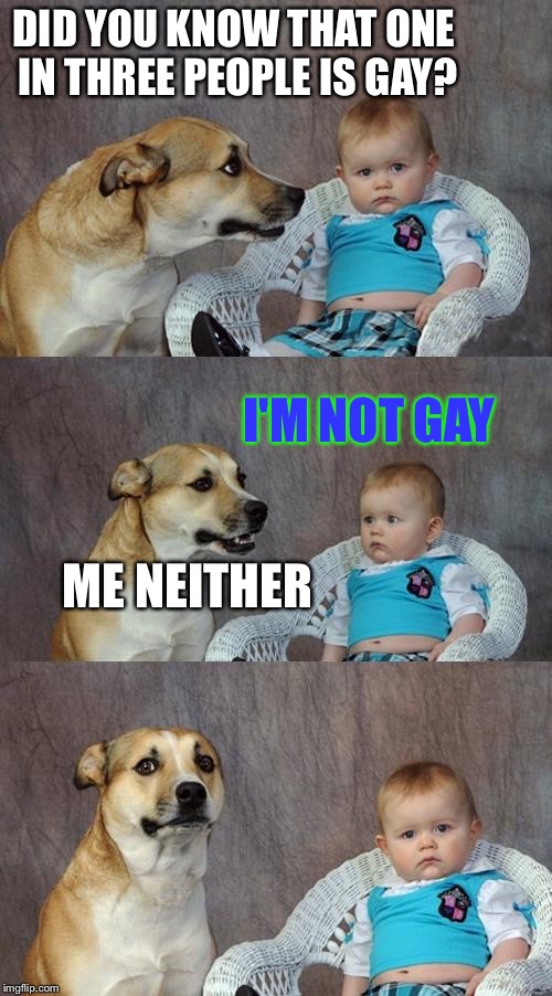 Dad Joke Dog Meme | DID YOU KNOW THAT ONE IN THREE PEOPLE IS GAY? I'M NOT GAY; ME NEITHER | image tagged in memes,dad joke dog | made w/ Imgflip meme maker