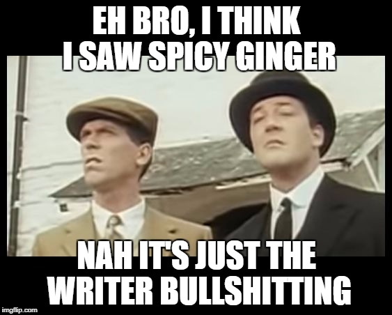 What the Heck is That, Jeeves? | EH BRO, I THINK I SAW SPICY GINGER NAH IT'S JUST THE WRITER BULLSHITTING | image tagged in what the heck is that,jeeves | made w/ Imgflip meme maker