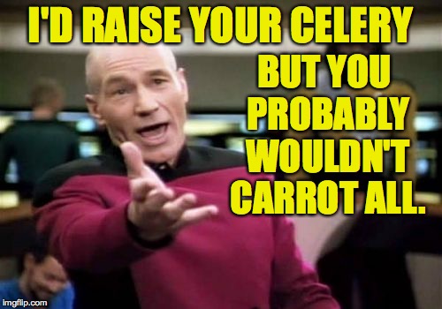 Picard Wtf Meme | I'D RAISE YOUR CELERY BUT YOU PROBABLY WOULDN'T CARROT ALL. | image tagged in memes,picard wtf | made w/ Imgflip meme maker