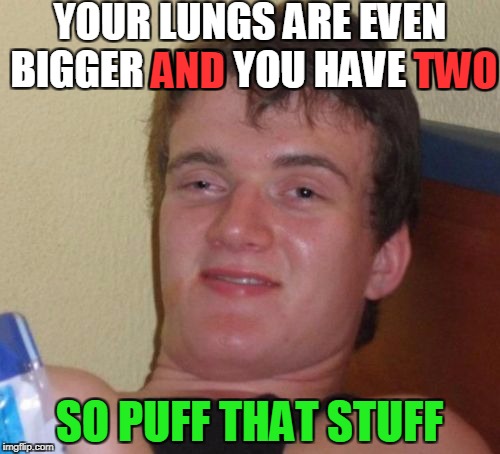 10 Guy Meme | YOUR LUNGS ARE EVEN BIGGER AND YOU HAVE TWO SO PUFF THAT STUFF AND TWO | image tagged in memes,10 guy | made w/ Imgflip meme maker