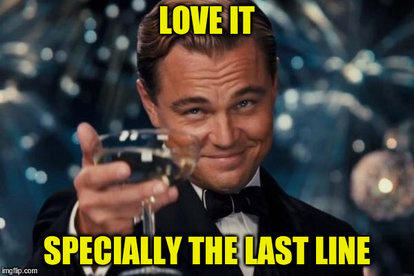 Leonardo Dicaprio Cheers Meme | LOVE IT SPECIALLY THE LAST LINE | image tagged in memes,leonardo dicaprio cheers | made w/ Imgflip meme maker