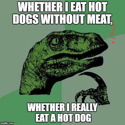 Philosoraptor | WHETHER I EAT HOT DOGS WITHOUT MEAT, WHETHER I REALLY EAT A HOT DOG | image tagged in memes,philosoraptor | made w/ Imgflip meme maker