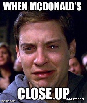 Spidey Tears | WHEN MCDONALD’S; CLOSE UP | image tagged in spidey tears | made w/ Imgflip meme maker