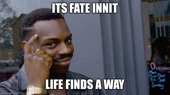 Roll Safe Think About It | ITS FATE INNIT; LIFE FINDS A WAY | image tagged in roll safe think about it | made w/ Imgflip meme maker