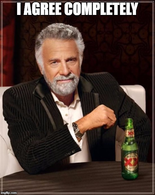 The Most Interesting Man In The World Meme | I AGREE COMPLETELY | image tagged in memes,the most interesting man in the world | made w/ Imgflip meme maker