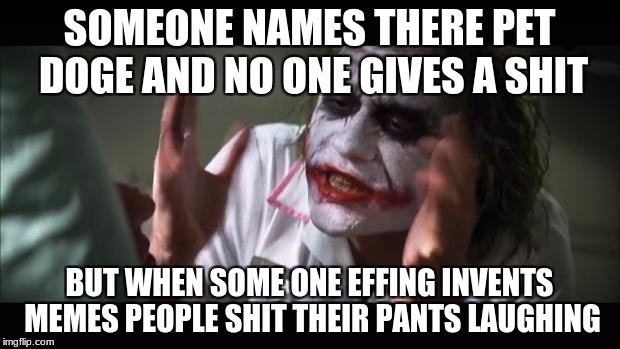 And everybody loses their minds | SOMEONE NAMES THERE PET DOGE AND NO ONE GIVES A SHIT; BUT WHEN SOME ONE EFFING INVENTS MEMES PEOPLE SHIT THEIR PANTS LAUGHING | image tagged in memes,and everybody loses their minds | made w/ Imgflip meme maker