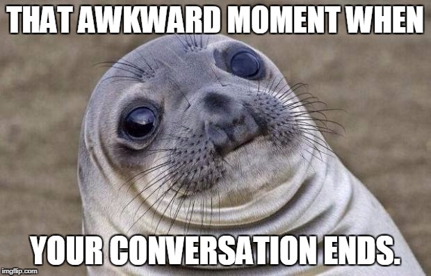 Awkward Moment Sealion | THAT AWKWARD MOMENT WHEN; YOUR CONVERSATION ENDS. | image tagged in memes,awkward moment sealion | made w/ Imgflip meme maker