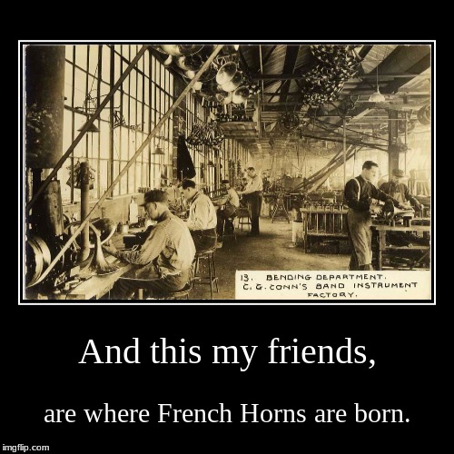 French Horn Birth | image tagged in funny,demotivationals,factory,music | made w/ Imgflip demotivational maker