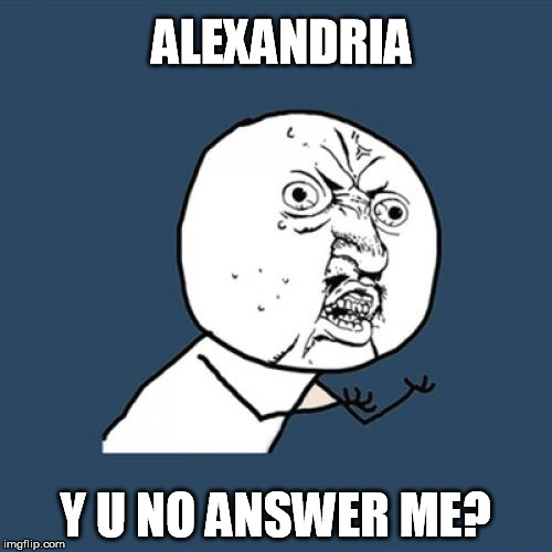 Y U No Meme | ALEXANDRIA Y U NO ANSWER ME? | image tagged in memes,y u no | made w/ Imgflip meme maker