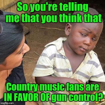 Third World Skeptical Kid Meme | So you're telling me that you think that Country music fans are IN FAVOR OF gun control? | image tagged in memes,third world skeptical kid | made w/ Imgflip meme maker